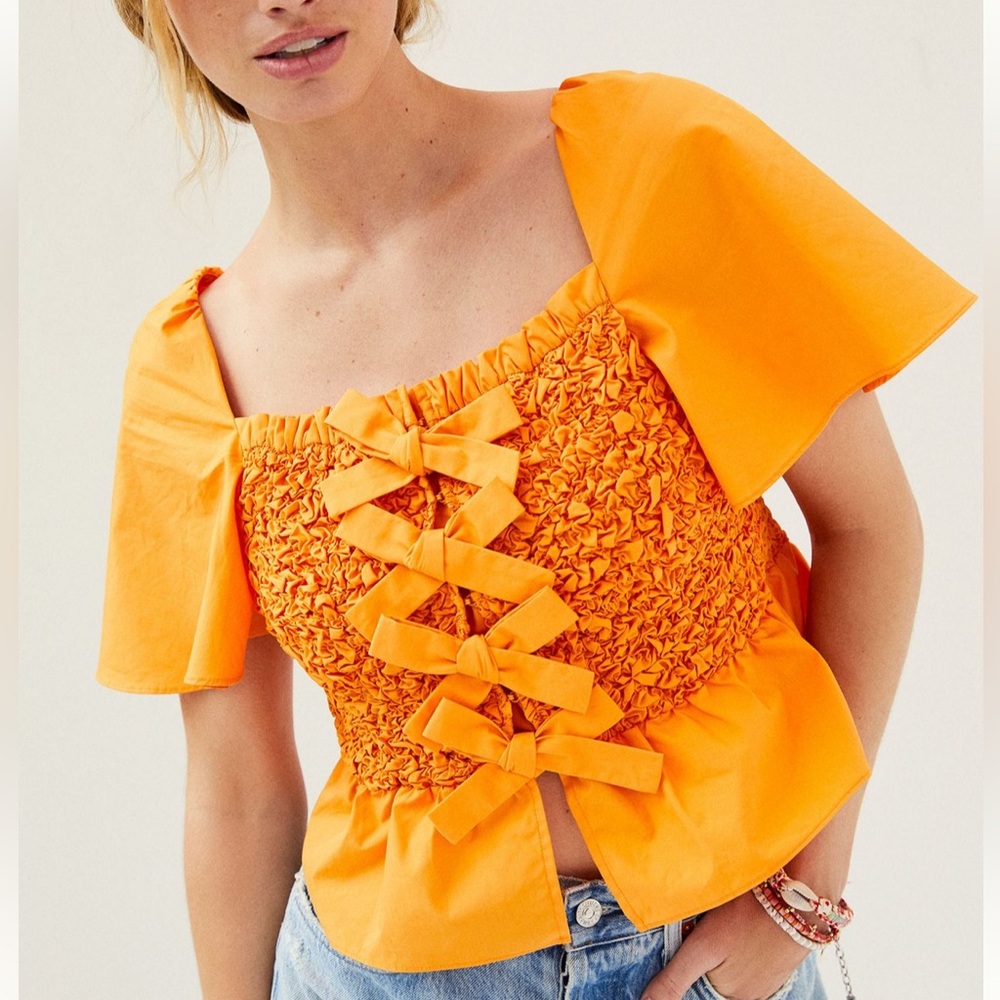 Anthropologie X Mare Mare Orange Smocked Bow Detail Top